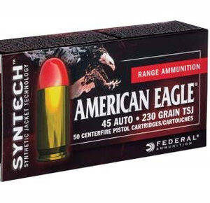 Federal 45 Auto American Eagle Syntec Ammunition AE45SJ1 230 Grain Synthetic Jacket 50 rounds