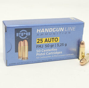 Prvi PPU 25 ACP Ammunition PPH25 50 Grain Full Metal Jacket 50 Rounds