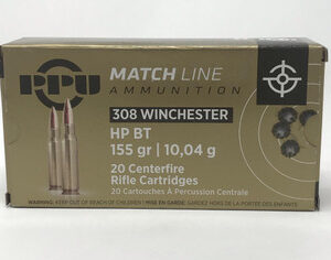 Pruvi PPU 308 Winchester Ammunition PPM3081 155 Grain Boat Tail Hollow Point 20 Rounds