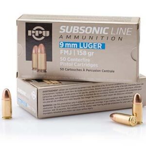 PPU Subsonic Handgun Ammunition 9mm Luger FMJ 158 gr 950 fps 50/ct